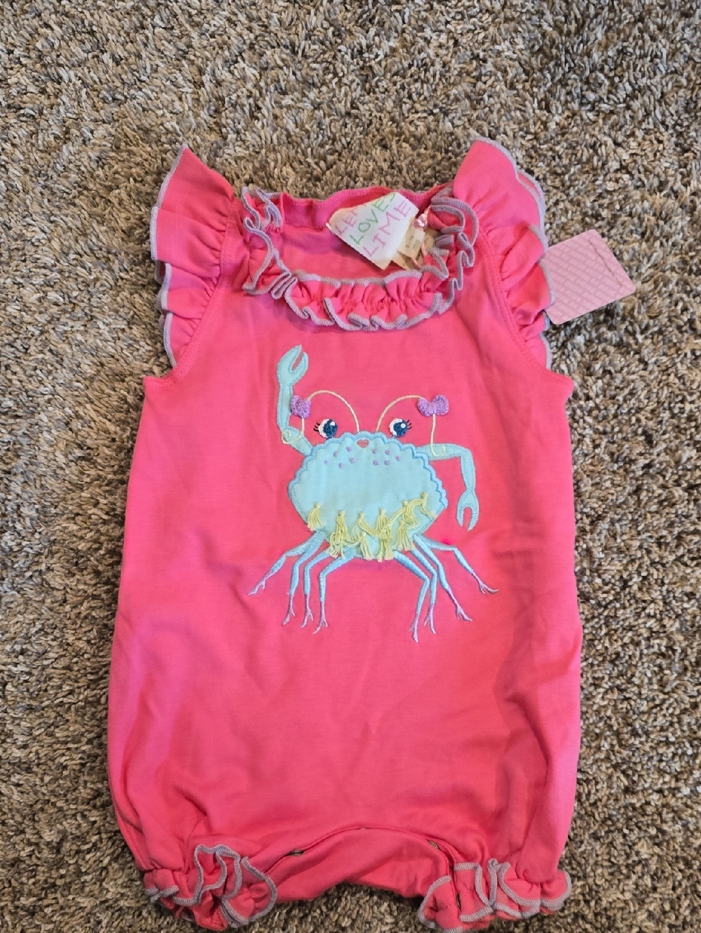 Lemon Loves Lime Pink Crab Ruffle Baby One-Piece